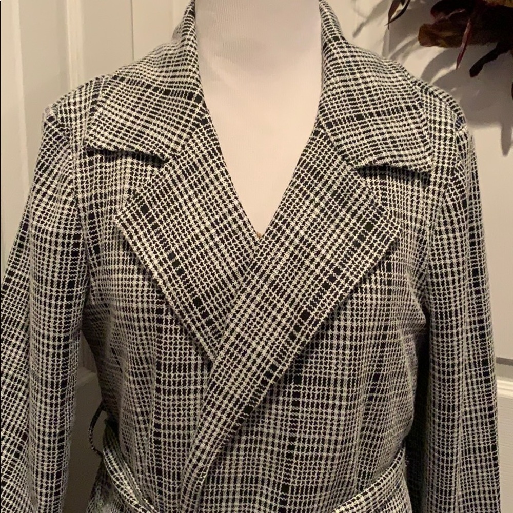 Black and white plaid belted trench coat